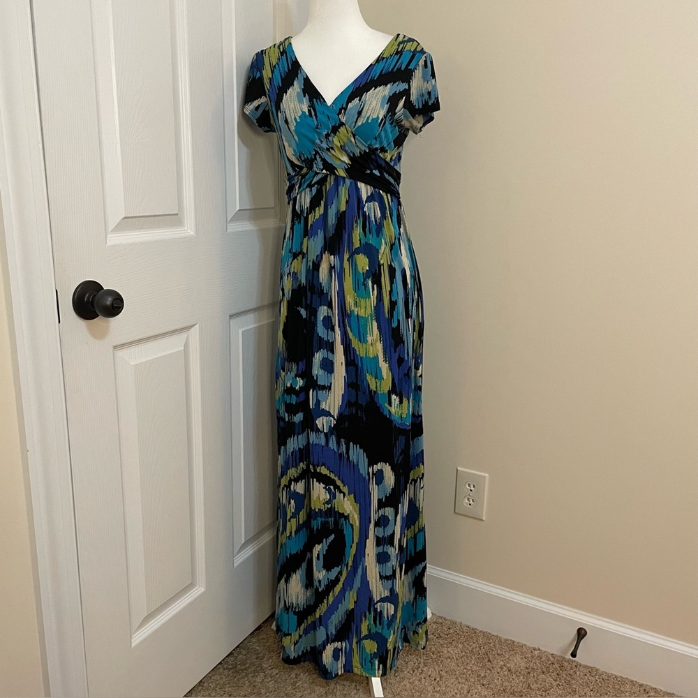 Kim Rogers Blue Black Abstract Print Flutter Sleeve Waist Tie Maxi Dress Wm Sz 6